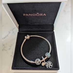 Pandora Silver Charm Bracelet Heart Clasp, 3 Charms, Like New